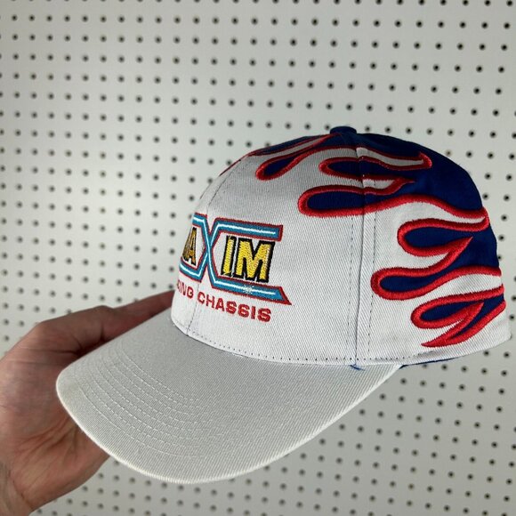 Vintage Maxim Racing Chassis Strapback Hat Cap Flames Red White Blue 90s OSFM - Picture 3 of 7
